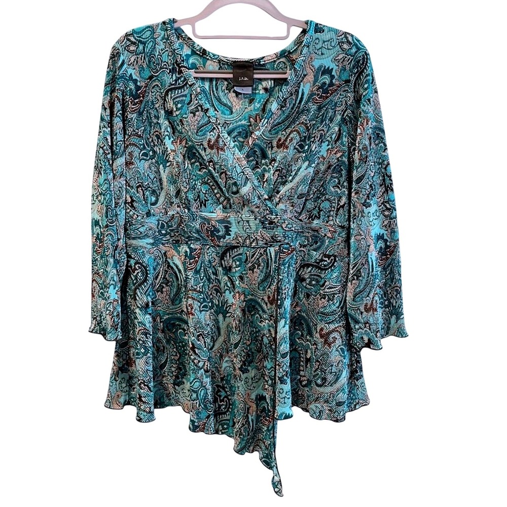 j.t.b. Womens‎ Teal Paisley Pleated Surplice Wrap Top 3/4 Sleeve Size L 3-PL7957
